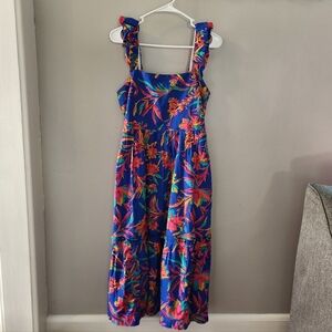J Crew Cotton Blue Floral Midi Sundress Dress Smocked Tiered Tropical Straps Med